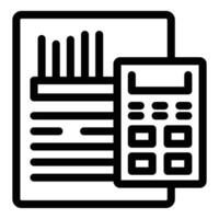 Line art icon depicting a financial report with graphs alongside a calculator vector