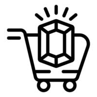 A black and white line art icon of a shopping cart with a shining crystal vector