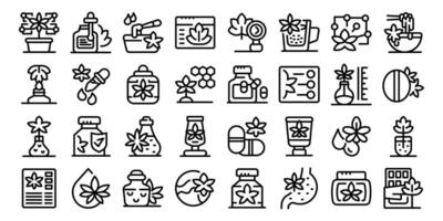 Hemp cannabinoid extract icon. A collection of various symbols and icons, including a flower, a bottle vector