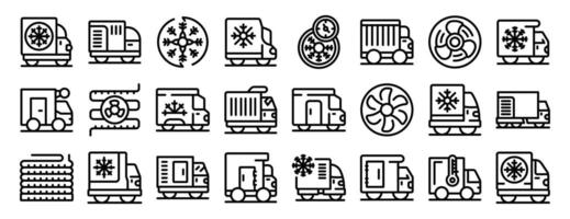 Car refrigerator icon. A series of black and white icons of trucks and vehicles with a fan on the right vector