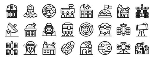 Mars observatory icon. A collection of space-themed icons, including a rocket, a building vector