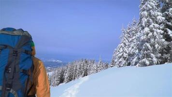 un hombre con un mochila viajes en el montañas en invierno. cárpato montaña rango. el concepto de viaje y activo estilo de vida. video