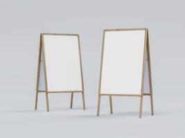 Blank chalk board street stand mockup. Isolated pavement menu rack with material frame template for cafe or restaurant welcome easel. 3D rendering photo