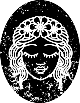 tatuering i svart linje stil av en jungfru med ögon stängd bedrövad ikon png