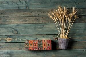 Wheat Ears on the Wooden Table. Sheaf of Wheat over Wood Background. Harvest concept photo