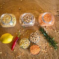 Raw cereals set on wooden background photo