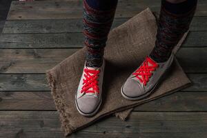 Color socks on a wooden floor photo