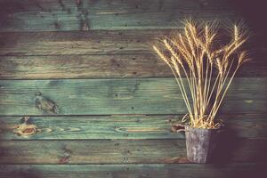 Wheat Ears on the Wooden Table. Sheaf of Wheat over Wood Background. Harvest concept photo