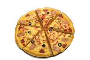 Fresh, appetizing pizza with the olives, the vegetables and the fruits photo