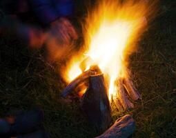 A small campfire built outdoors for people to sit around photo