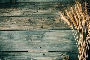 espigas de trigo en la mesa de madera. gavilla de trigo sobre fondo de madera. concepto de cosecha foto