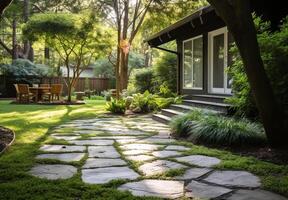Beautiful detail of backyard and garden with stone sidewalk to access the house photo
