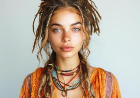 Portrait of woman with dreadlocks in her hair. Lifestyle concept photo