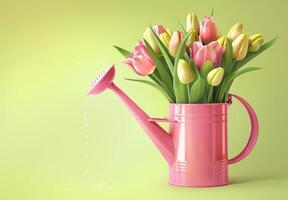 Bouquet of tulips in a metal watering can. Colorful spring time photo