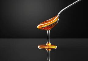 Golden honey dripping from a spoon on a reflective surface minimalist black background photo