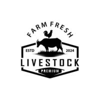 Cattle Farm Livestock Logo, Farm Garden Land Agriculture Retro Vintage Emblem Design vector