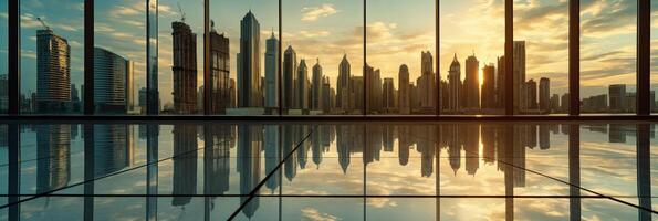 City skyline mirrored in water, showcasing iconic buildings and skyscrapers photo