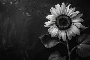 Background For Sympathy card. Monochrome image of a sunflower against a dark background. Copy Space photo