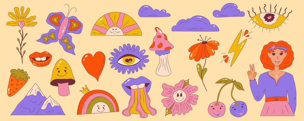 Psychedelic groovy set with girl of Retro 70s elements. Cartoon daisy flowers, sun and rainbow with crown mushrooms, lips clipart. Positive groovy hand drdawn isolated symbols with eye