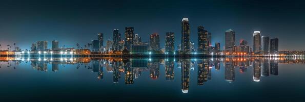 ciudad rascacielos reflejado en líquido horizonte a noche foto