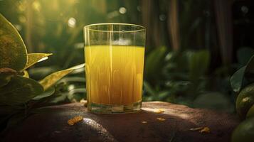 Healthy drink from turmeric and ginger roots and lime in a glass. Jamu - popular Indonesian traditional drink. Immunity boosting, detox, diet, Generative AI photo