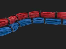 Red and blue cables tightly tied with black zipties photo