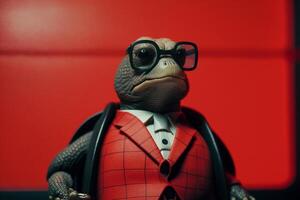 Portrait of a turtle with glasses and a formal red suit,preparing for an advertisement. generative ai. photo