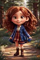 Disney-style cute cartoon girl character smiling  forest background photo