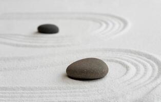 Zen Garden with Grey Stone on White Sand Line Texture Background, Top View Black Rock Sea Stone on Sand Wave Parallel Lines Pattern in Japanese stye, Simplicity Day, Meditation,Zen like concept photo