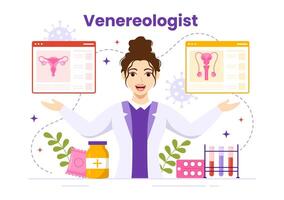 venereólogo vector ilustración de diagnóstico para dermatología enfermedad, sexualmente transmitido y infección en plano dibujos animados mano dibujado plantillas