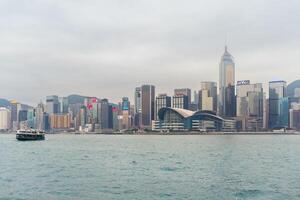 Hong Kong,March 25,2019-View of the Hong Kong skyscrapers from the ferrie crossing the Victoria Harbour during a cloudy day photo