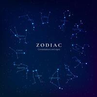 Zodiac signs on starry sky. Twelve constellations of the zodiac. Constellations lying in the plane of the ecliptic. vector
