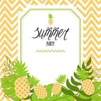 Vector invitation template with pineapple, text 'Summer party' on pineapple yellow striped zig zag background. Summer tropical pattern with fruits, tropical leaves, hand lettering elements in