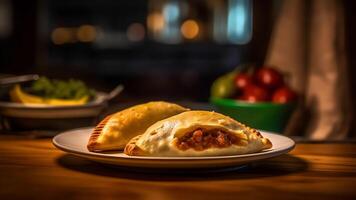 AI Generative Chicken quasedillas with condiments in background photo