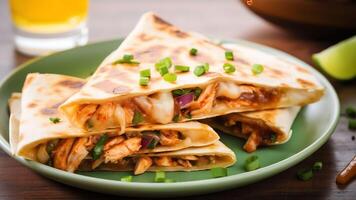 AI Generative Chicken quasedillas with condiments and vegetables in background photo