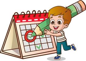 Time Concept Drawing With Flat Objects.cute boy marks the days from the calendar. vector