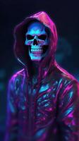 Mysterious Realism Neon Hooded Skull in Rainbowcore Style Generative AI photo