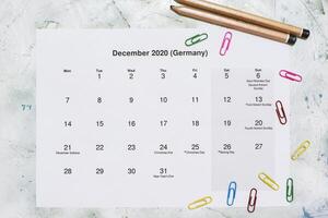 Monatskalender Dezember 2020. Translation Monthly December 2020 calendar photo