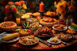 in lively colors a dinnertable full of food such as photo