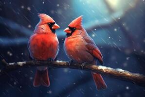 romantic coupling of cardinas birds on a branch. generative ai photo