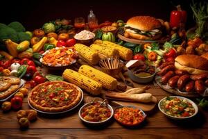 in lively colors a dinnertable full of food such as photo