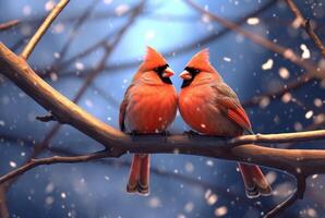 romantic coupling of cardinas birds on a branch. generative ai photo