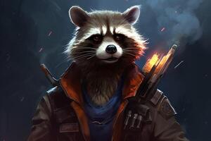 a raccoon with a jacket that saysrocket raccoonon photo