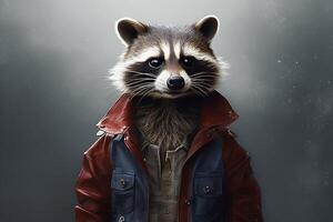 a raccoon with a jacket that saysrocket raccoonon photo