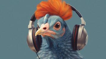 a bird with headphones and a headphone that saysi photo