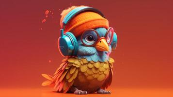 a bird with headphones and a hat that saysi love photo