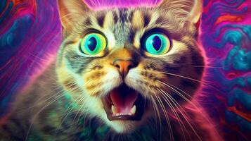 trippy cat with its eyes rolling and tongue hangi photo