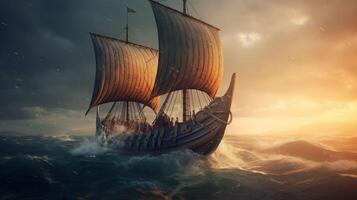 viking ship sailing on calm sea with waves lappin photo