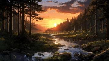 hermosa anime puesta de sol paisaje bosque bosque volumen foto