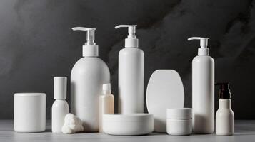 a collection of white bottles of skincare includi photo